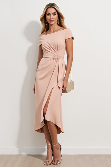 Off the Shoulder Sheath Apricot Ruched Midi Mother of the Bride Dress with Slit